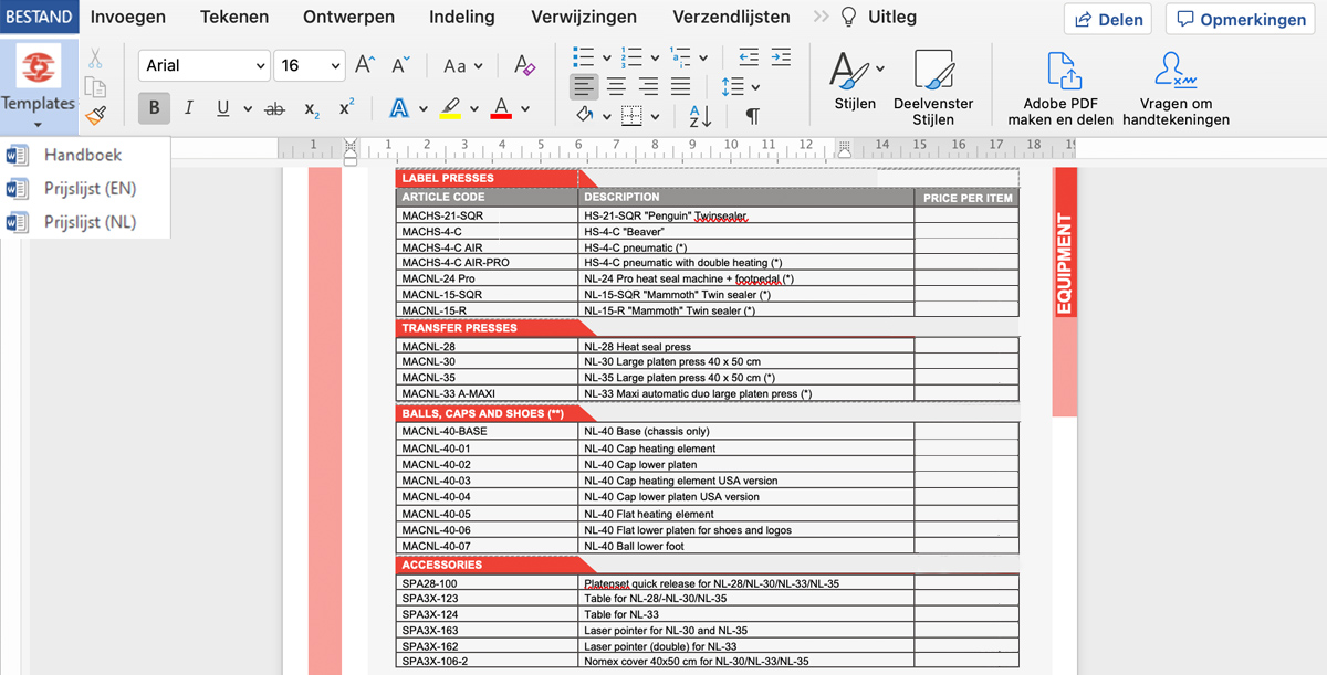 Prijslijsten als Word sjabloon